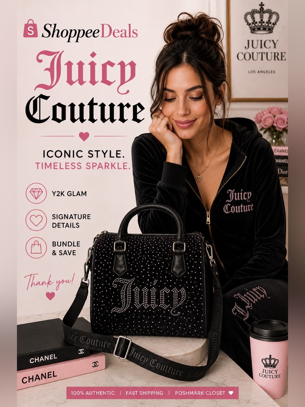 Juicy Couture Black Rhinestone Bling Satchel Crossbody Bag Y2K